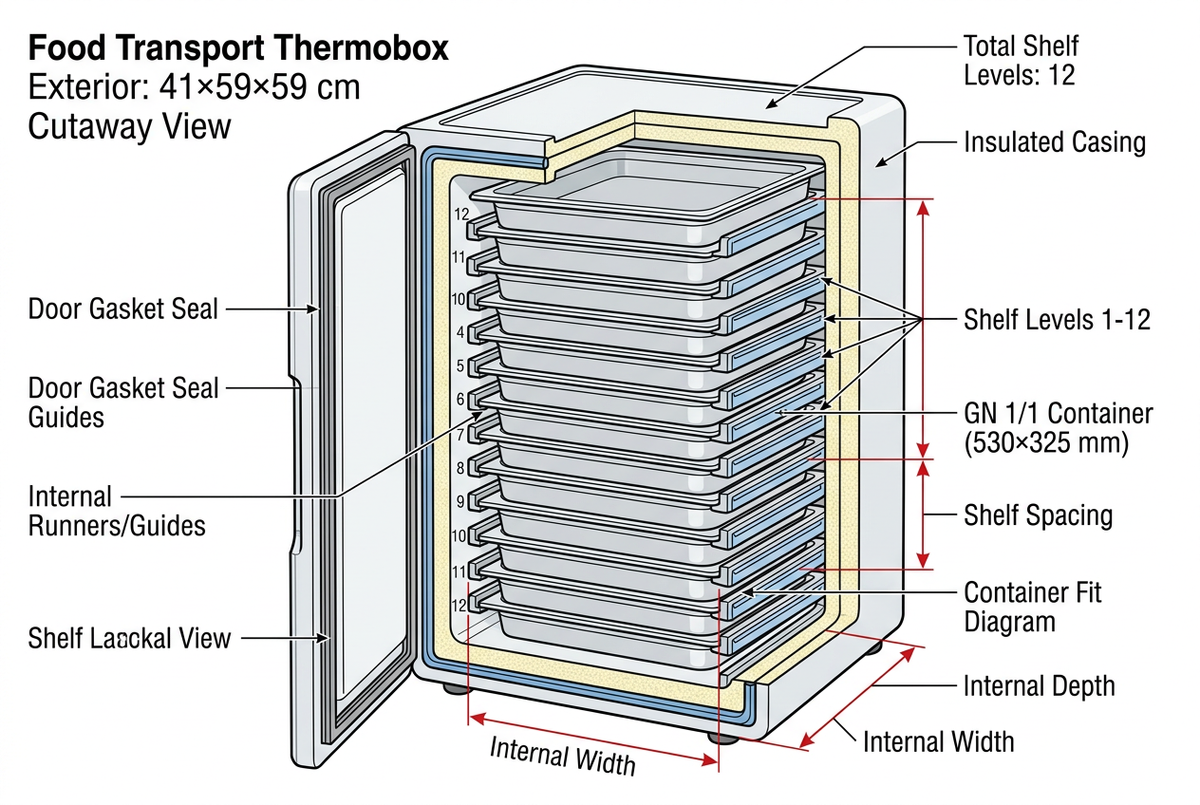 Interior capacity diagram of TCB-600 showing 12 shelf levels and GN 1/1 container fit